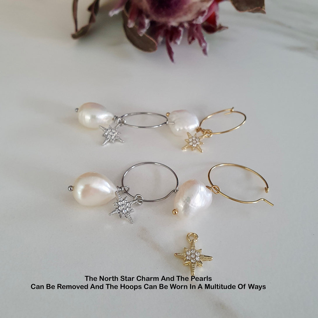 Baroque Pearl Hoop Earrings With Detachable North Star Charms