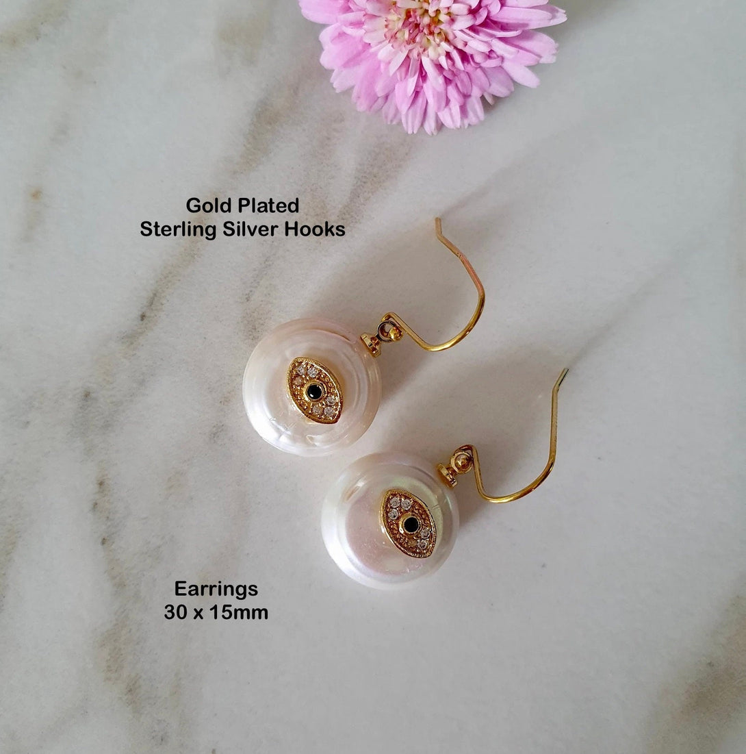 Evil Eye Pearl Drop Earrings, Protective June Birthstone Jewellery