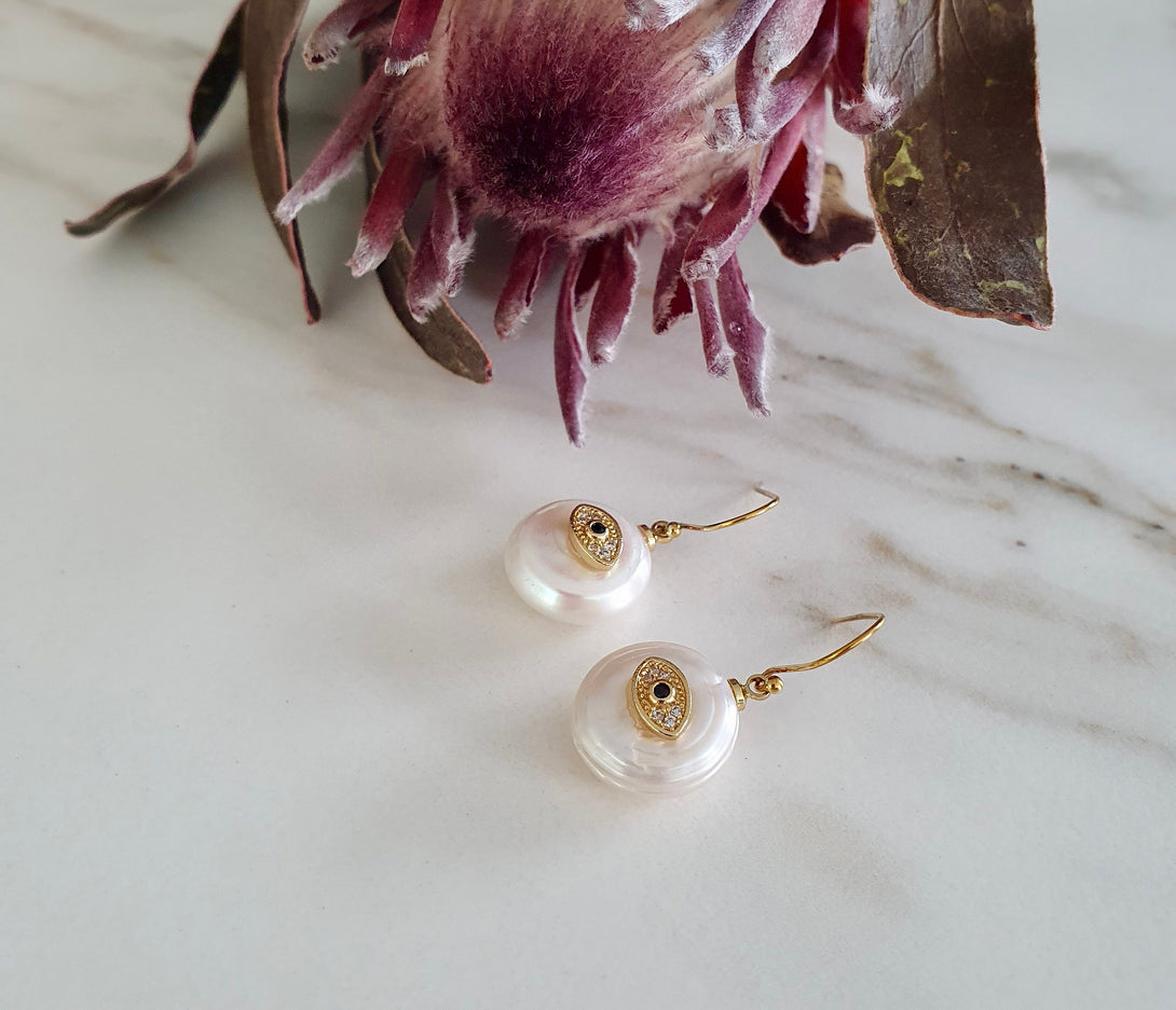 Evil Eye Pearl Drop Earrings, Protective June Birthstone Jewellery