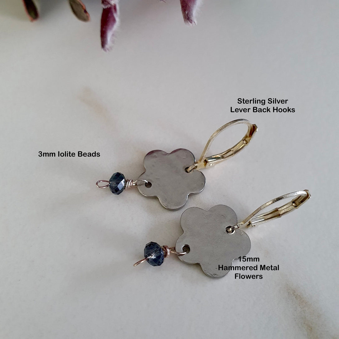 Hammered Silver Flower Disc Earrings With Iolite Bead