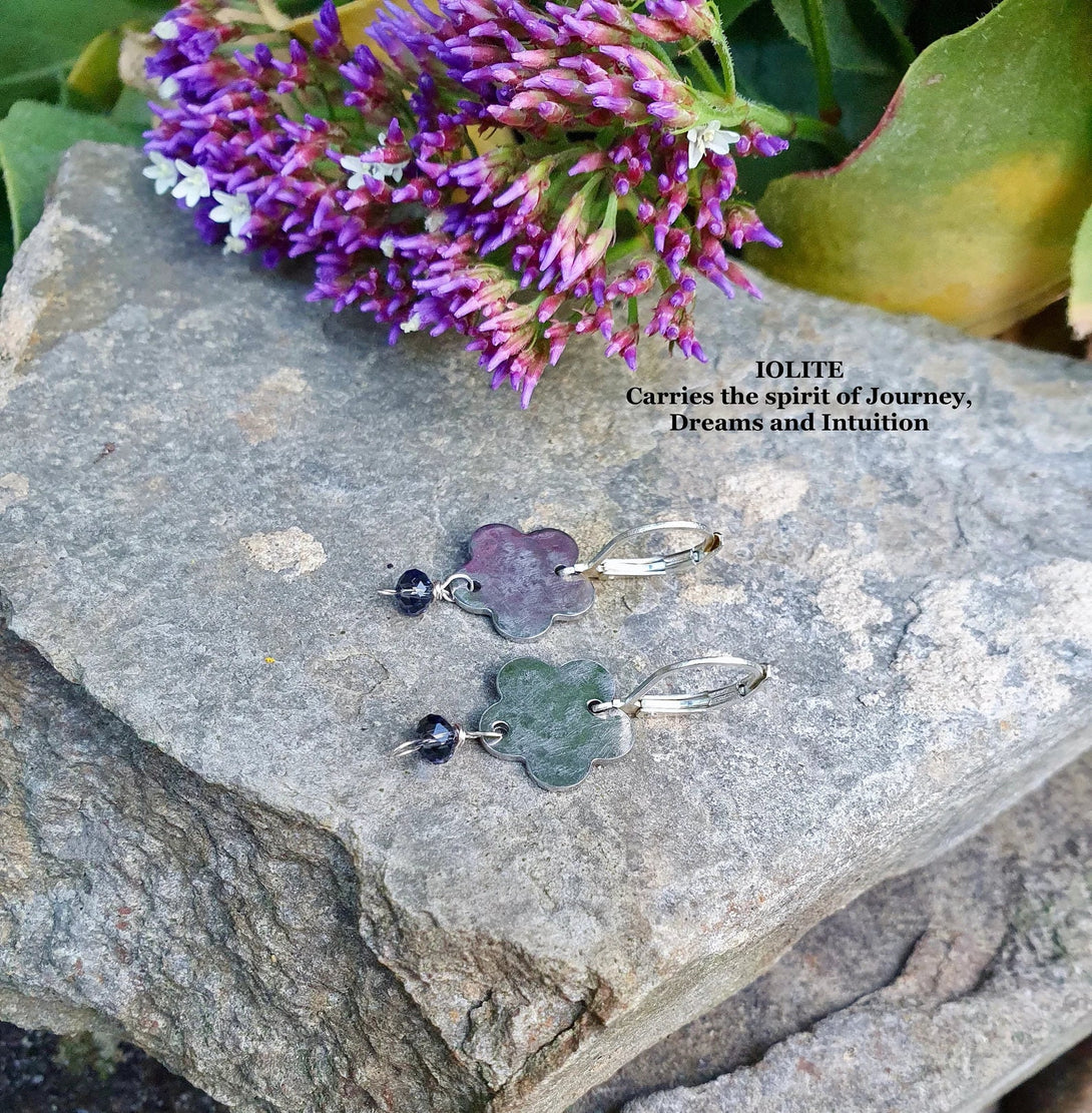 Hammered Silver Flower Disc Earrings With Iolite Bead