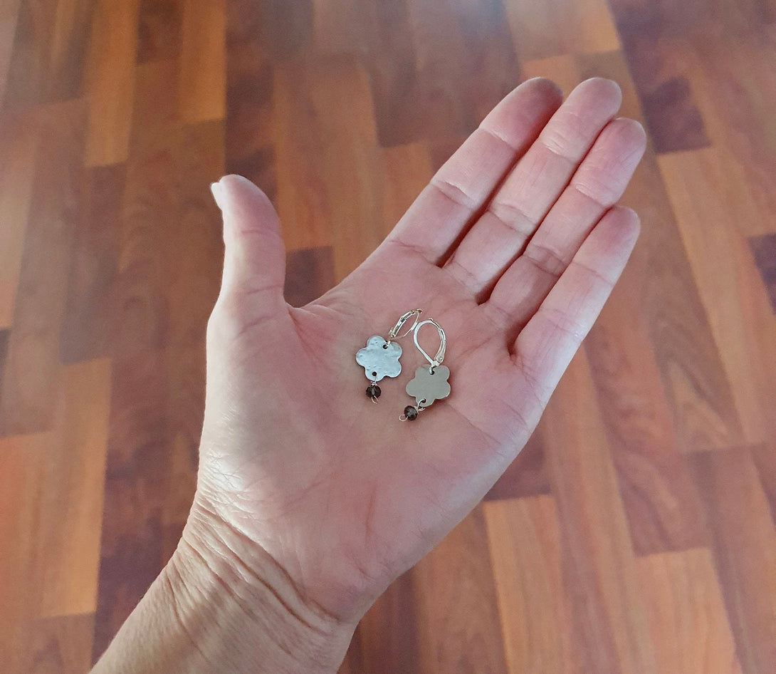 Hammered Silver Flower Disc Earrings With Iolite Bead