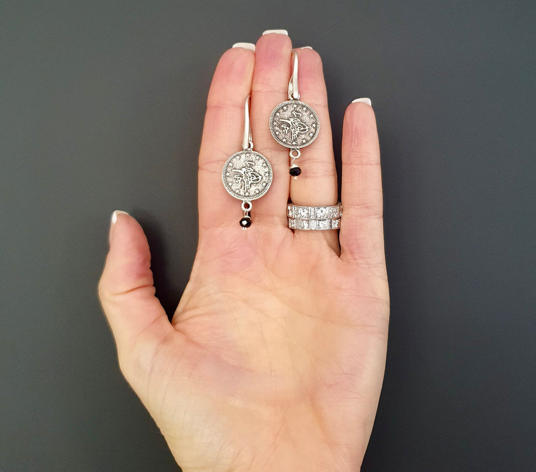 Ancient Silver Coin Replica Earrings With Onyx Bead