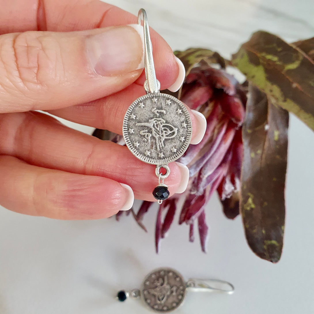 Ancient Silver Coin Replica Earrings With Onyx Bead