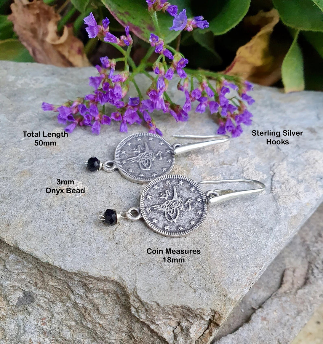 Ancient Silver Coin Replica Earrings With Onyx Bead