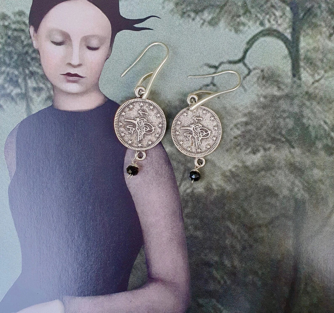 Ancient Silver Coin Replica Earrings With Onyx Bead