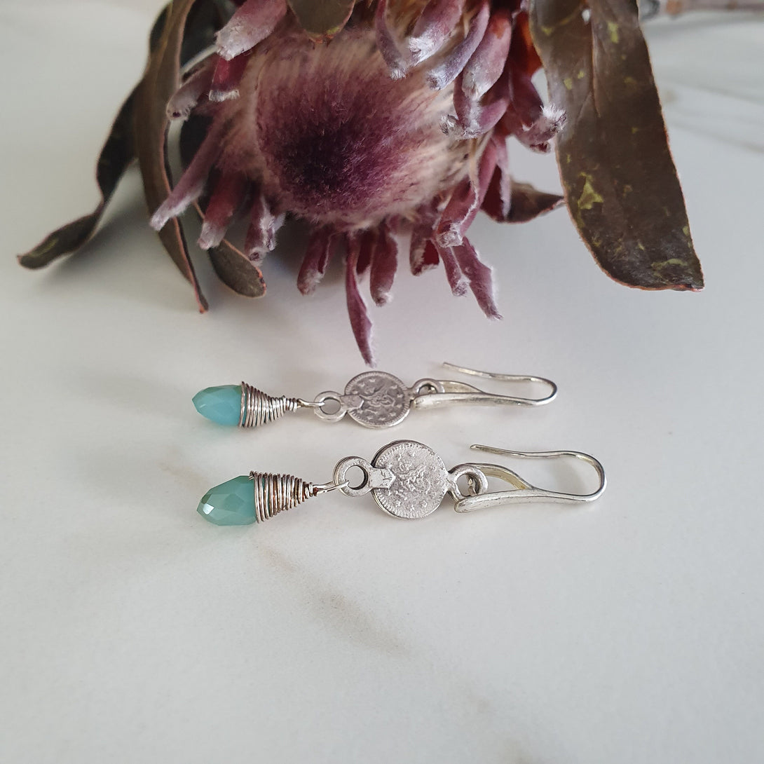 Silver Coin Earrings With Wire Wrap Gemstone Drop