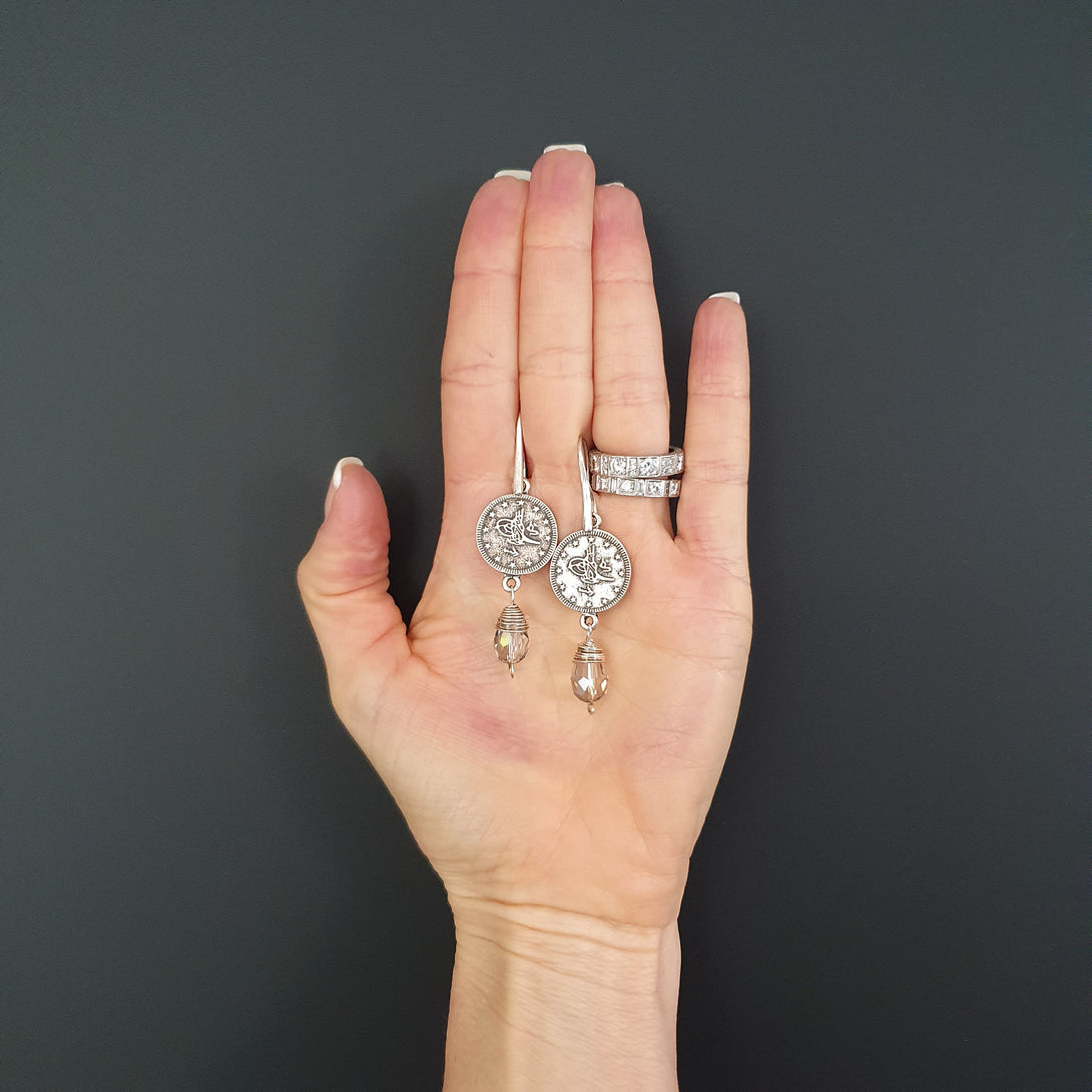 Silver Coin Earrings With Wire Wrap Gemstone Drop