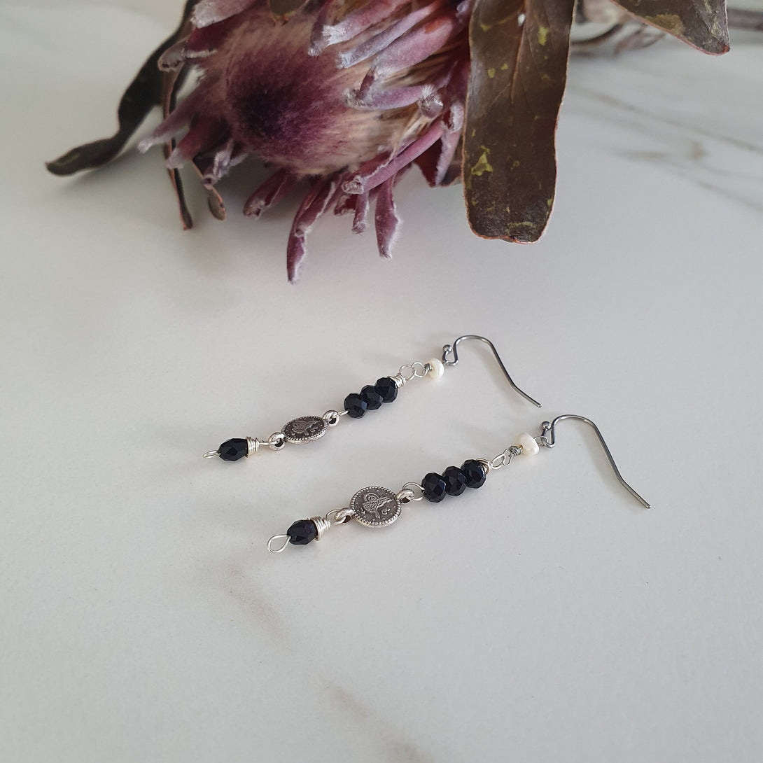 Silver Coin Earrings With Wire Wrap Gemstone Drop