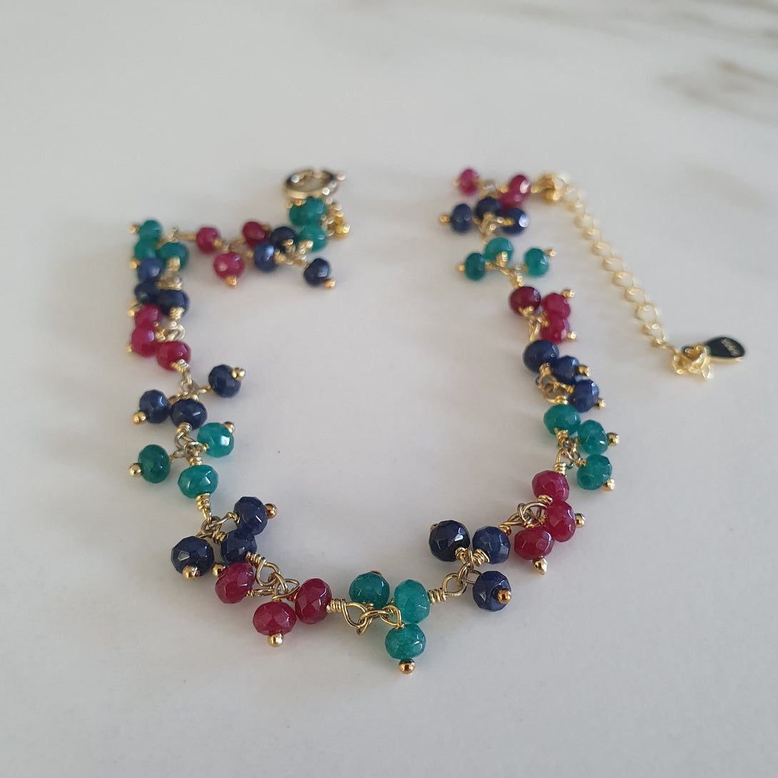 Emerald, Sapphire And Ruby Cluster Gemstone Bead Bracelet, May, July And September Birthstone Jewellery