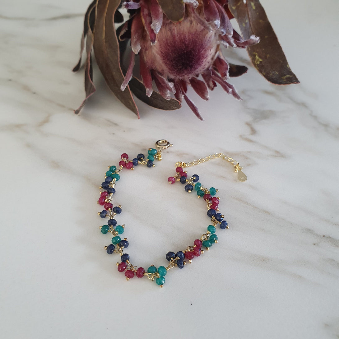 Emerald, Sapphire And Ruby Cluster Gemstone Bead Bracelet, May, July And September Birthstone Jewellery