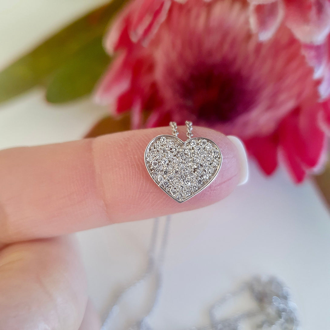 Flat Sterling Silver Pave Heart Necklace, Symbolic Gifts Of Love