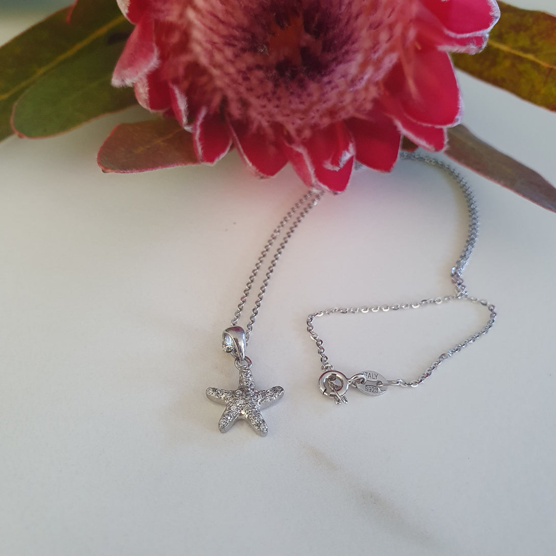 Sterling Silver And Zircon Starfish Necklace, Symbolic Gifts