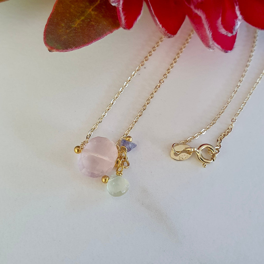 Rose Quartz, Peridot and Tanzanite Necklace in Gold: A Multi-Birthstone Jewellery Gift for Women