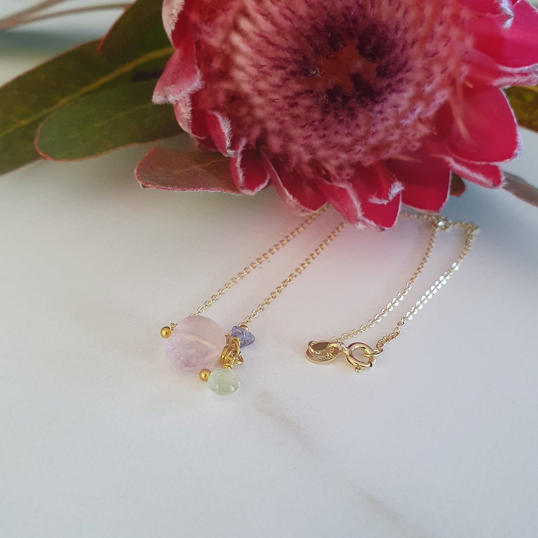 Rose Quartz, Peridot and Tanzanite Necklace in Gold: A Multi-Birthstone Jewellery Gift for Women