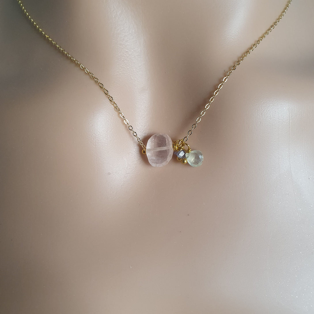 Rose Quartz, Peridot and Tanzanite Necklace in Gold: A Multi-Birthstone Jewellery Gift for Women