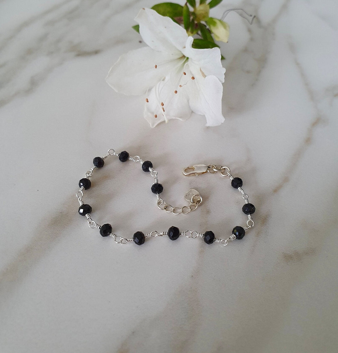 Sterling Silver Onyx Bead Bracelet, Protective, December Birthstone Jewellery