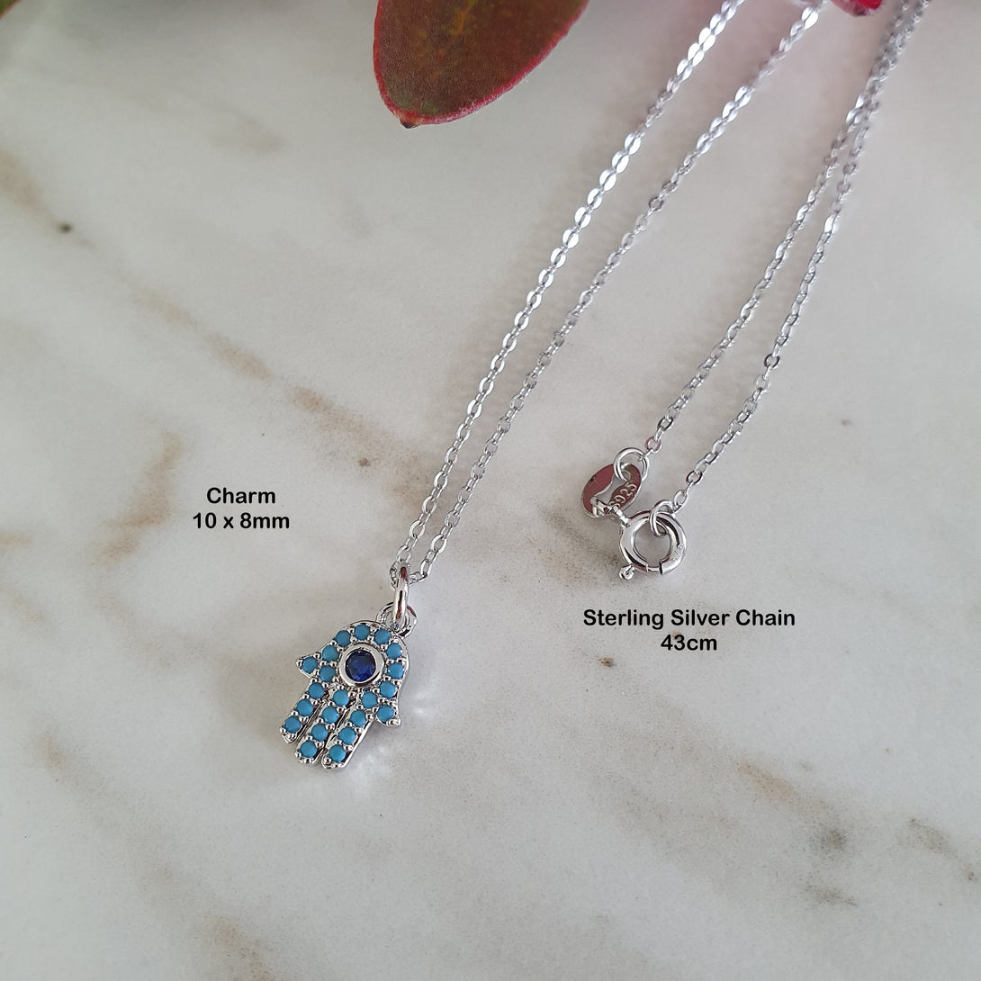 Micro Pave Blue Crystal Sterling Silver Hamsa Hand Necklace