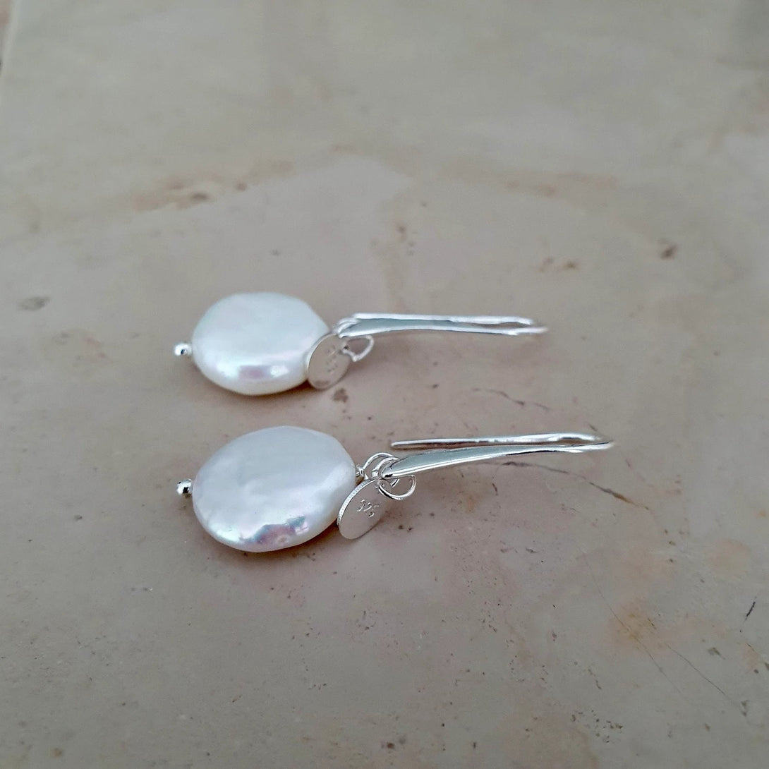 Sterling Silver Coin Pearl Earrings, Symbolic June Birthstone Jewellery