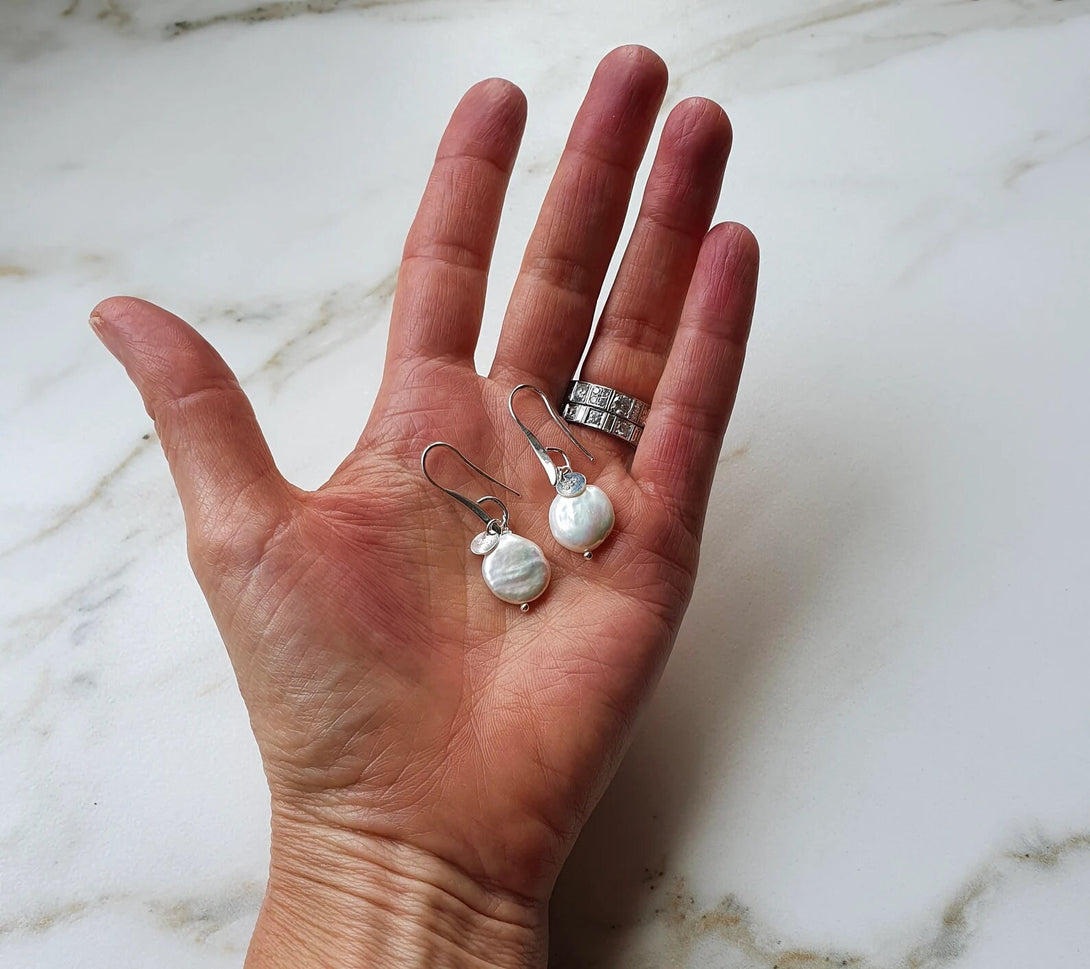 Sterling Silver Coin Pearl Earrings, Symbolic June Birthstone Jewellery