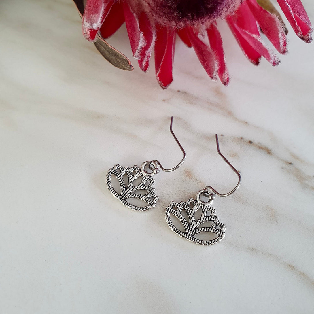 Boho Lotus Drop Earrings In Textured Stainless Steel