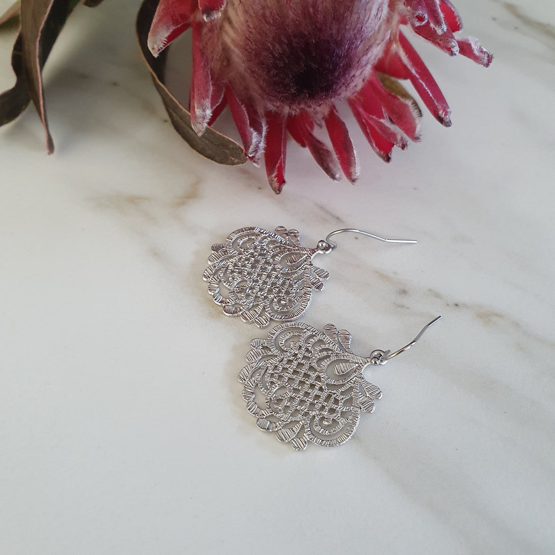 Filigree Lotus Earrings In Pewter And Sterling Silver