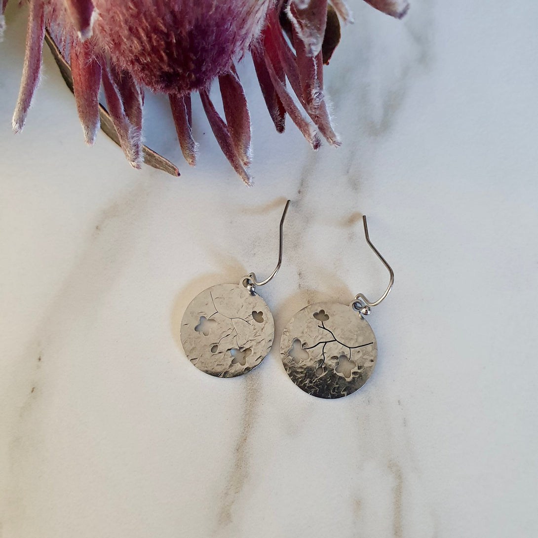 Hammered Silver Cherry Blossom Disc Earrings