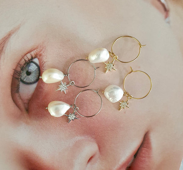 Baroque Pearl Hoop Earrings With Detachable North Star Charms