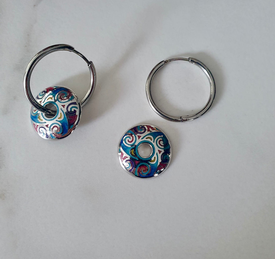 Silver Titanium Hoop Earrings With Detachable Sterling Silver Enamelled Charm Disc