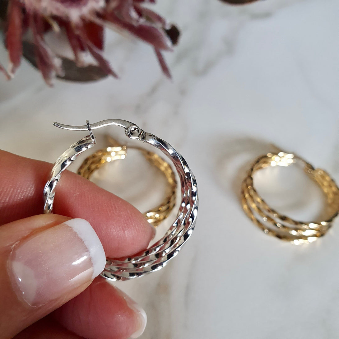 Titanium Trinity Earrings, Triple Creole Hoops In Silver Or Gold