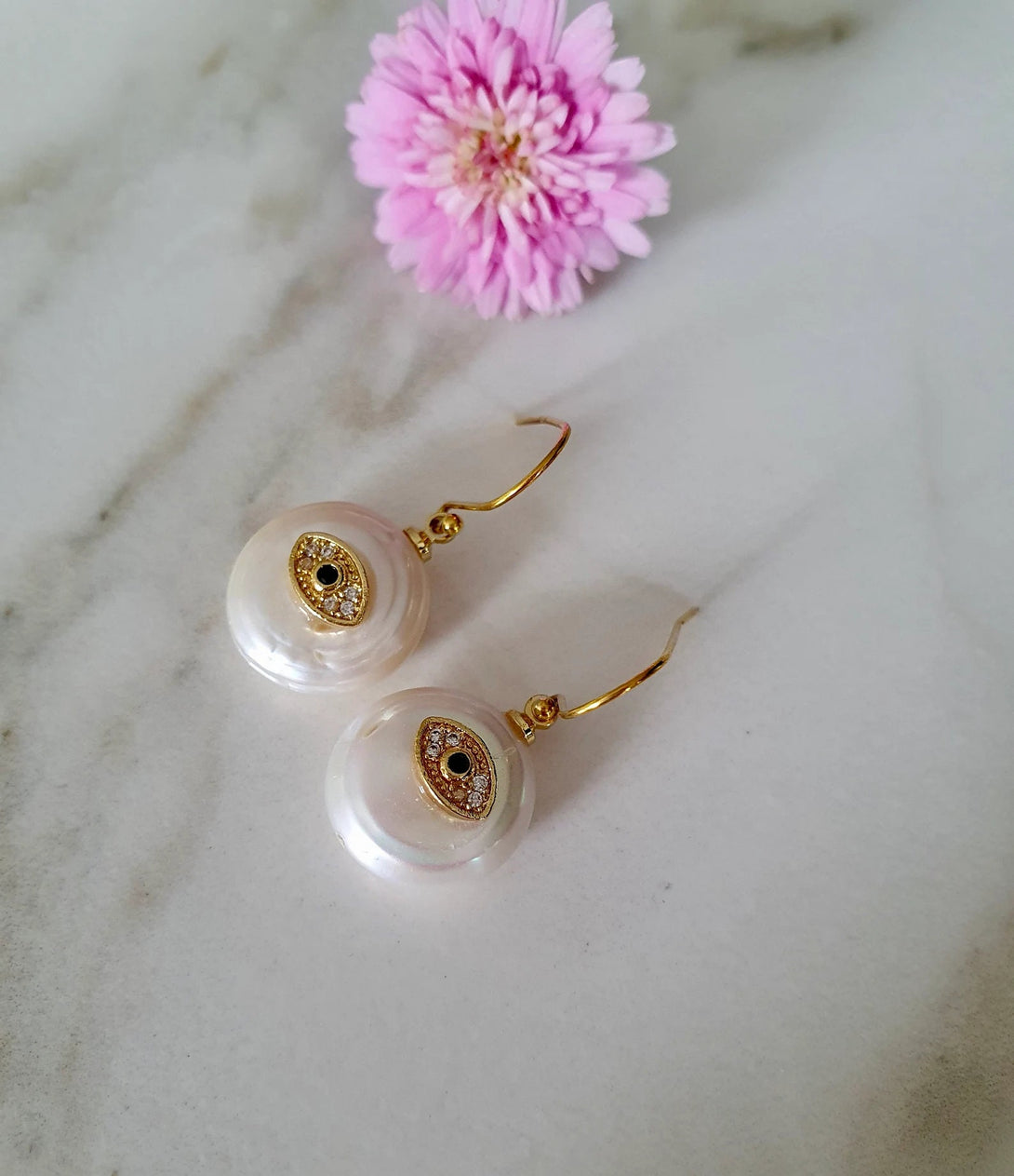 Evil Eye Pearl Drop Earrings, Protective June Birthstone Jewellery