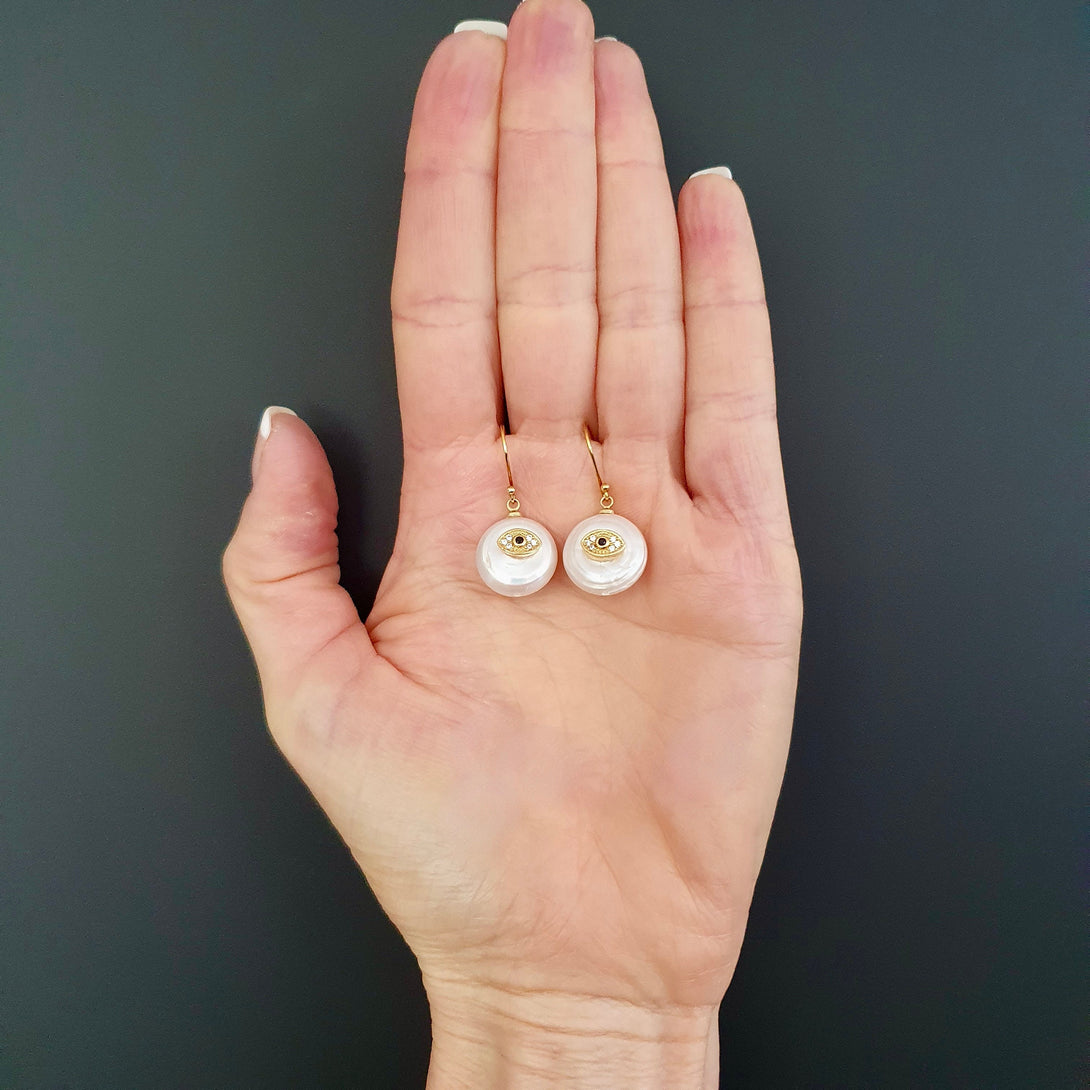 Evil Eye Pearl Drop Earrings, Protective June Birthstone Jewellery