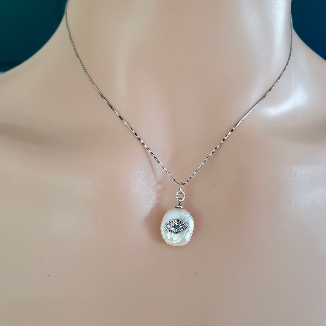 Sterling Silver Evil Eye Pearl Pendant Necklace, June Birthstone Jewellery