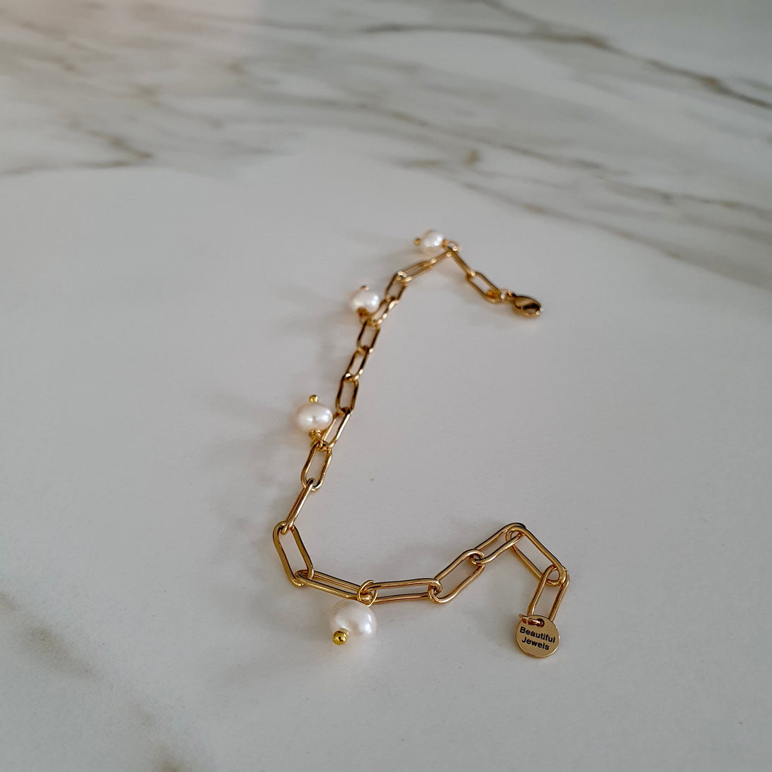 Gold Chain Link And Pearl Bracelet, June Birthstone Jewellery