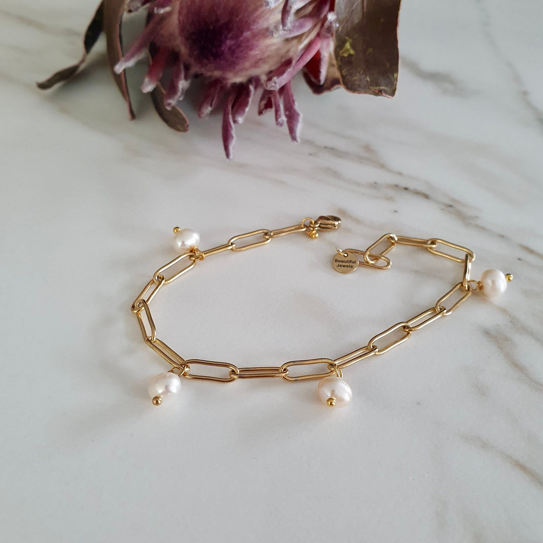 Gold Chain Link And Pearl Bracelet, June Birthstone Jewellery