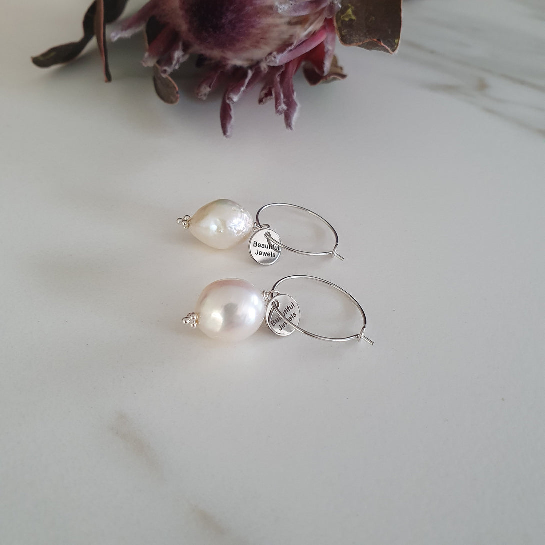 Baroque Pearl Hoop Earrings In Silver Or Gold