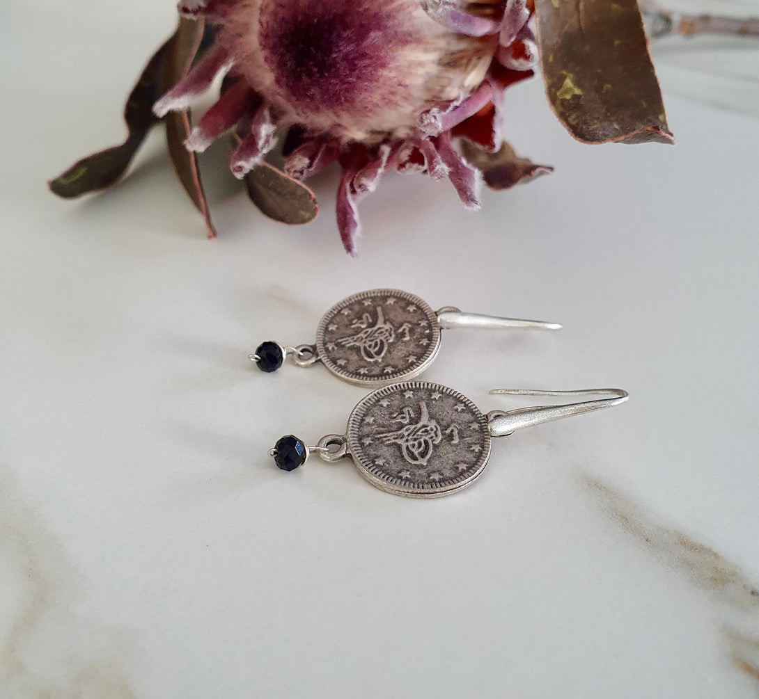 Ancient Silver Coin Replica Earrings With Onyx Bead