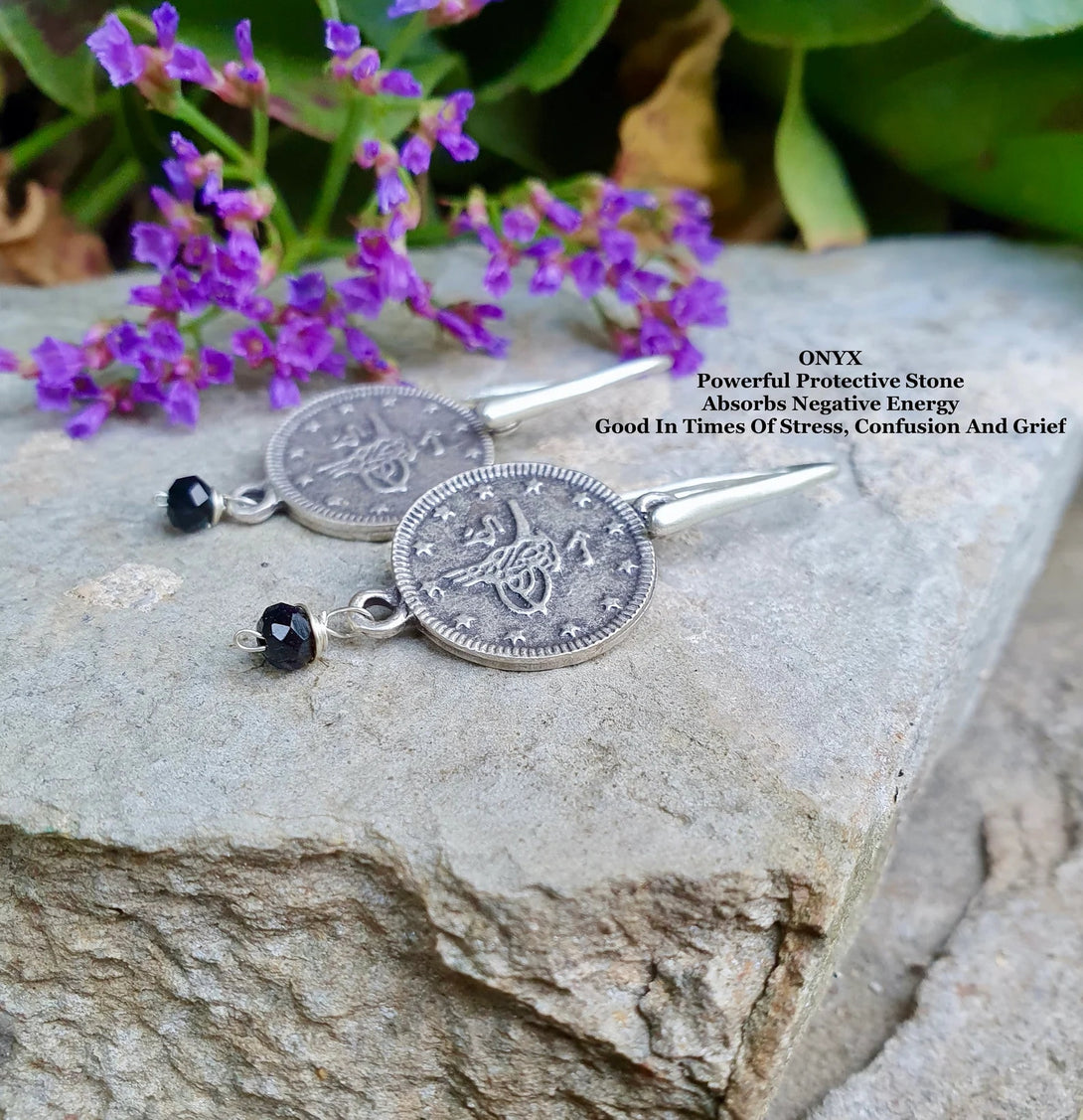 Ancient Silver Coin Replica Earrings With Onyx Bead