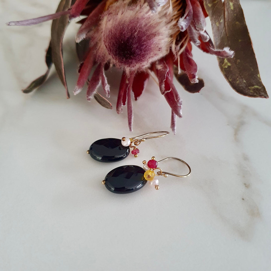 Elegant Onyx Drop Earring With Gemstone Cluster, Birthstone Jewellery