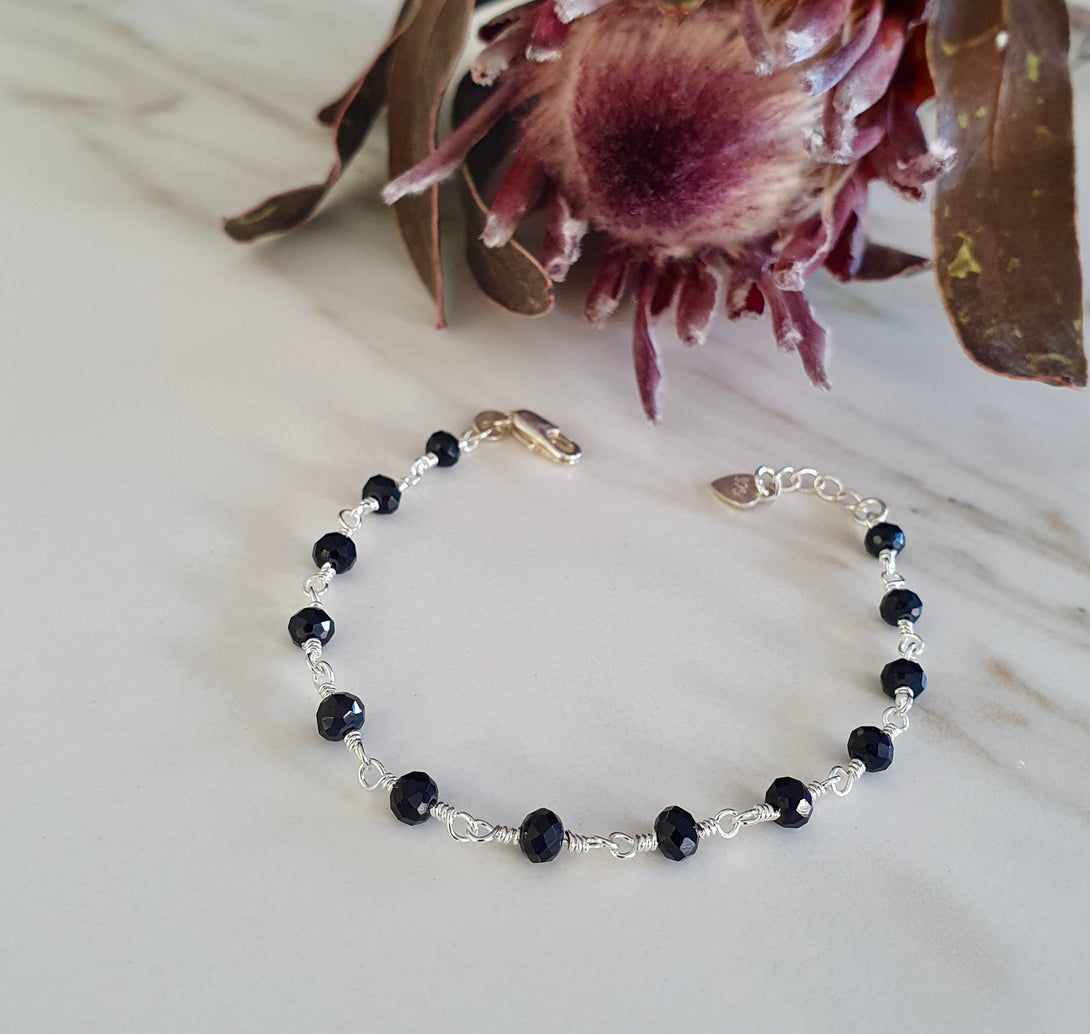 Sterling Silver Onyx Bead Bracelet, Protective, December Birthstone Jewellery