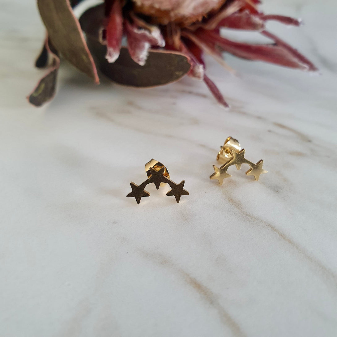 Triple Star Climber Stud Earrings In Hypoallergenic Surgical Steel