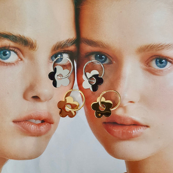 Flower Charm Hoops In Titanium, Hypoallergenic Jewellery, Hoops Two Ways