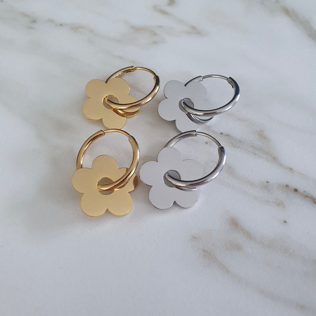 Flower Charm Hoops In Titanium, Hypoallergenic Jewellery, Hoops Two Ways