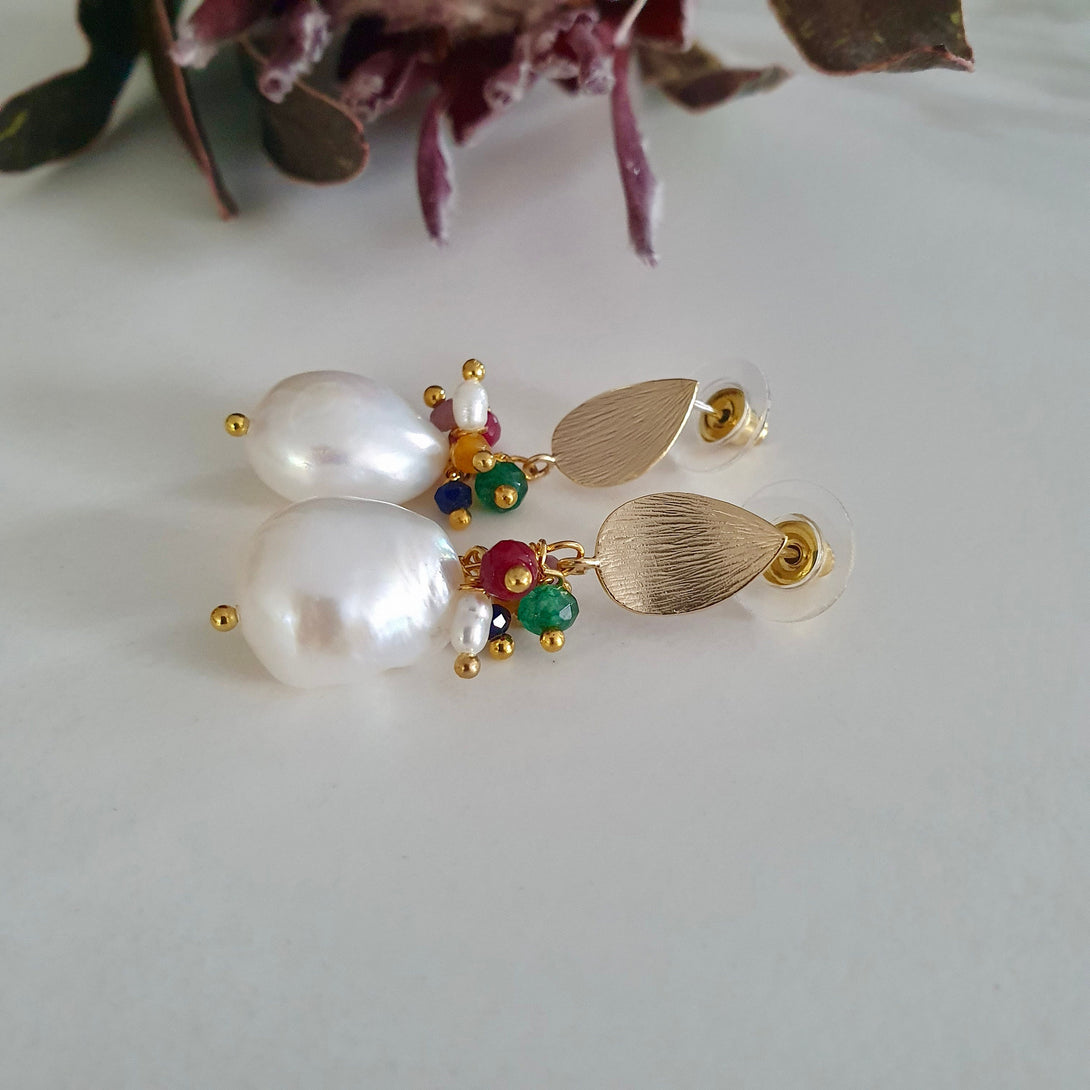 Baroque Pearl And Gemstone Stud Earrings, Gold Leaf Design, June Birthstone