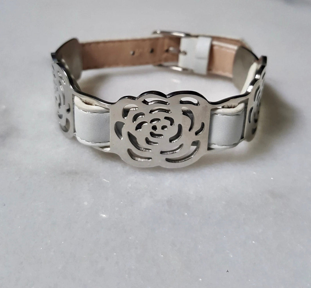 Adjustable White Leather Strap Bracelet with Cut-Out Stainless Steel Camellia Flower Design