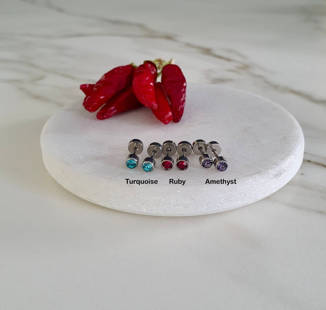 Screw Back Birthstone Studs, Secure Earrings For Kids, Multi Piercings, Helix, Cartilage