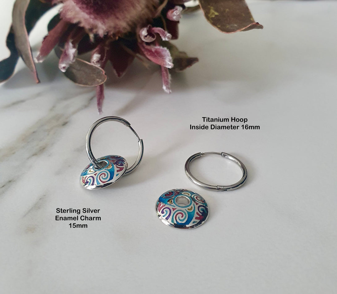 Silver Titanium Hoop Earrings With Detachable Sterling Silver Enamelled Charm Disc