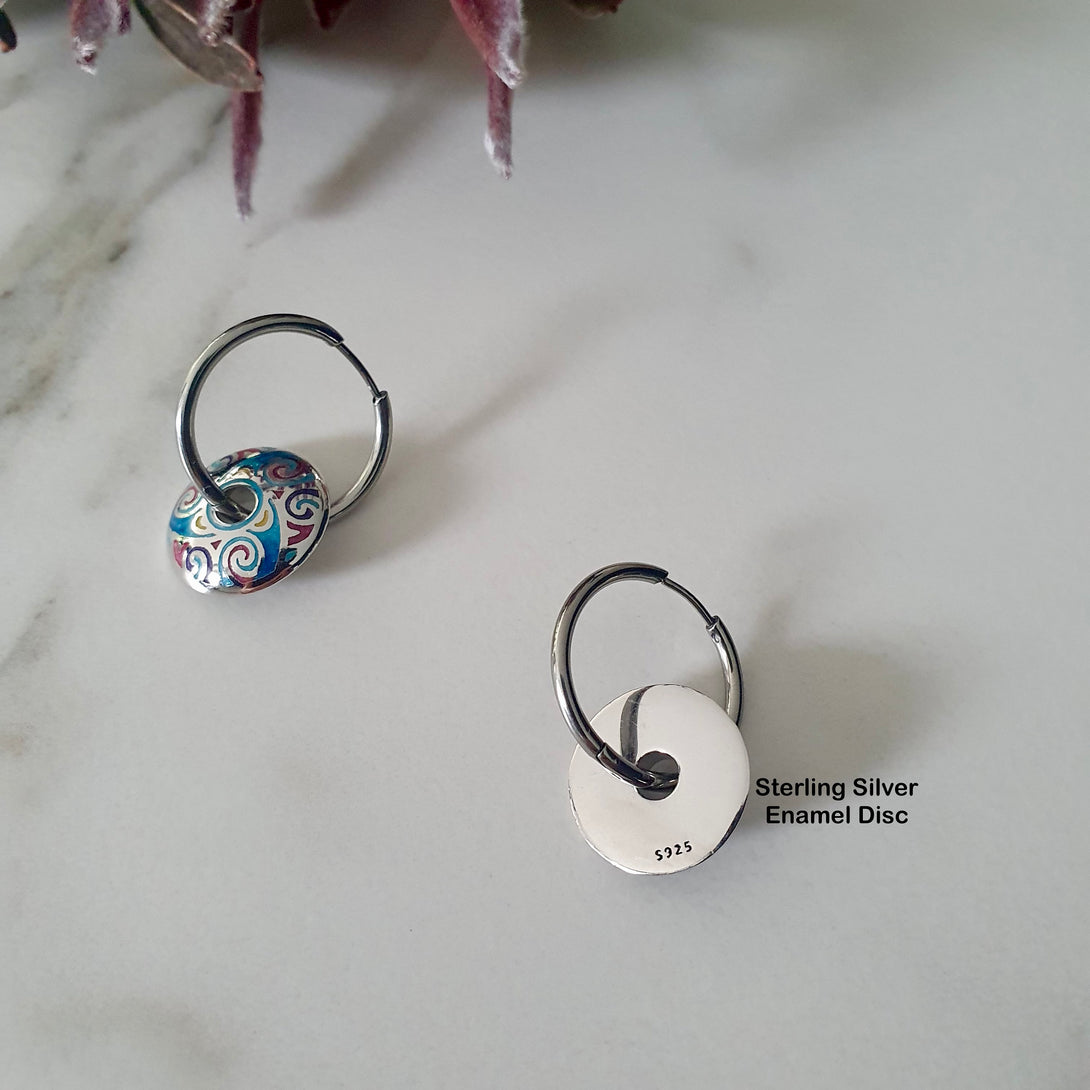 Silver Titanium Hoop Earrings With Detachable Sterling Silver Enamelled Charm Disc