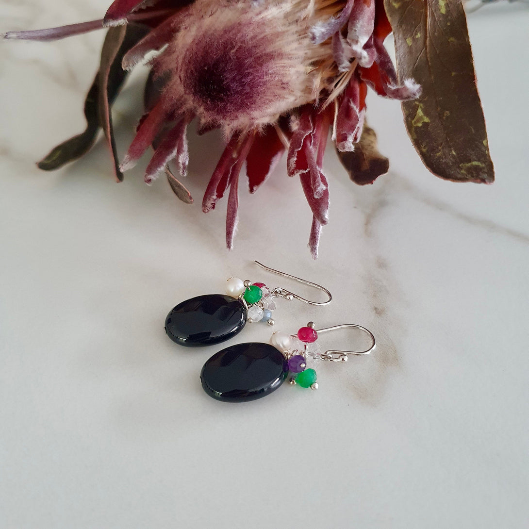 Elegant Onyx Drop Earring With Gemstone Cluster, Birthstone Jewellery