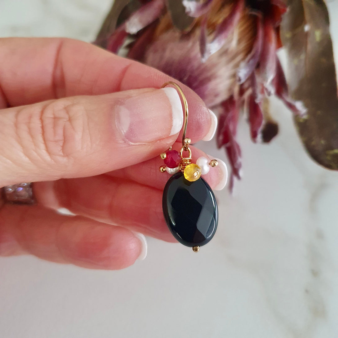 Elegant Onyx Drop Earring With Gemstone Cluster, Birthstone Jewellery